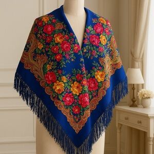 Eclectic Floral Paisley Wrap Shawl Fringe Tassel Hem Boho Cottagecore 42"x42"